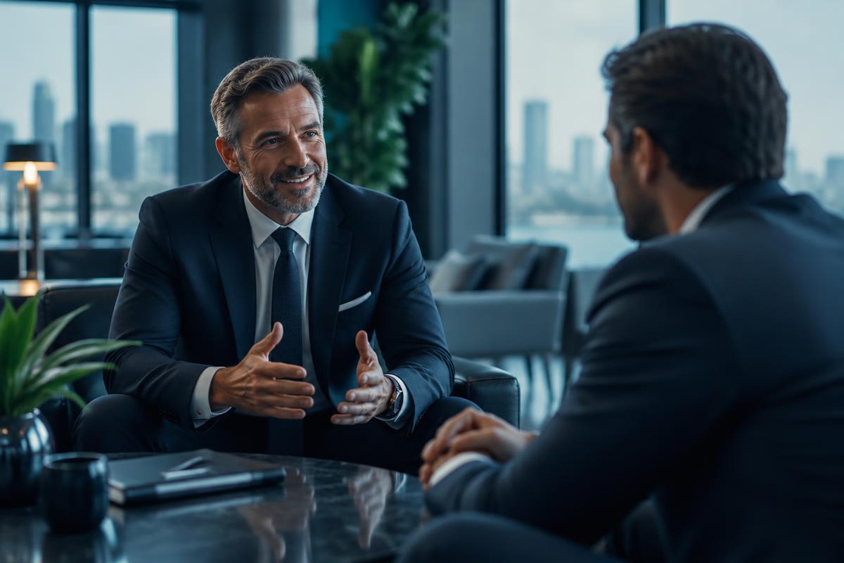 Two advisors in a focused conversation about a funding strategy
