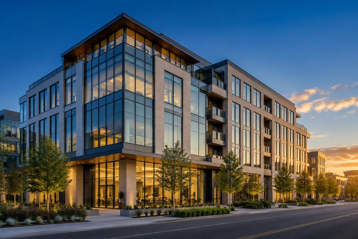 A modern commercial and mixed-use investment property at sunset