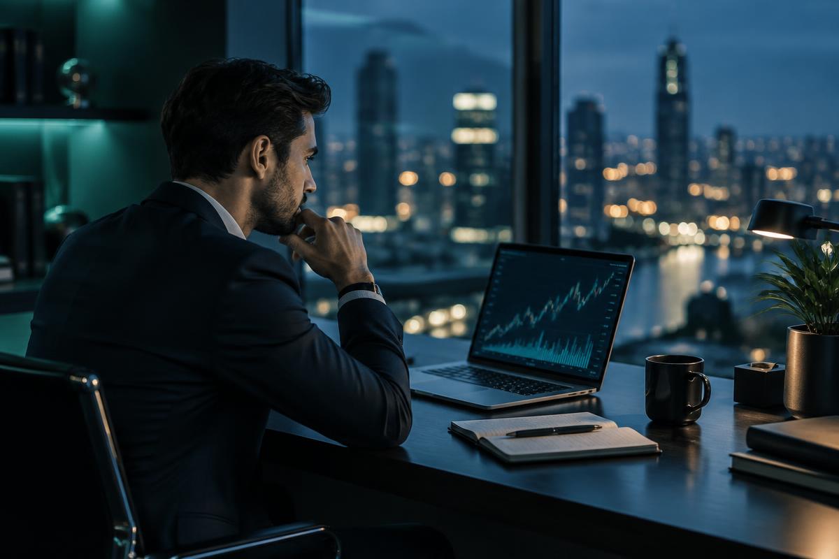 A business owner reviewing finances on a laptop in a city office at dusk